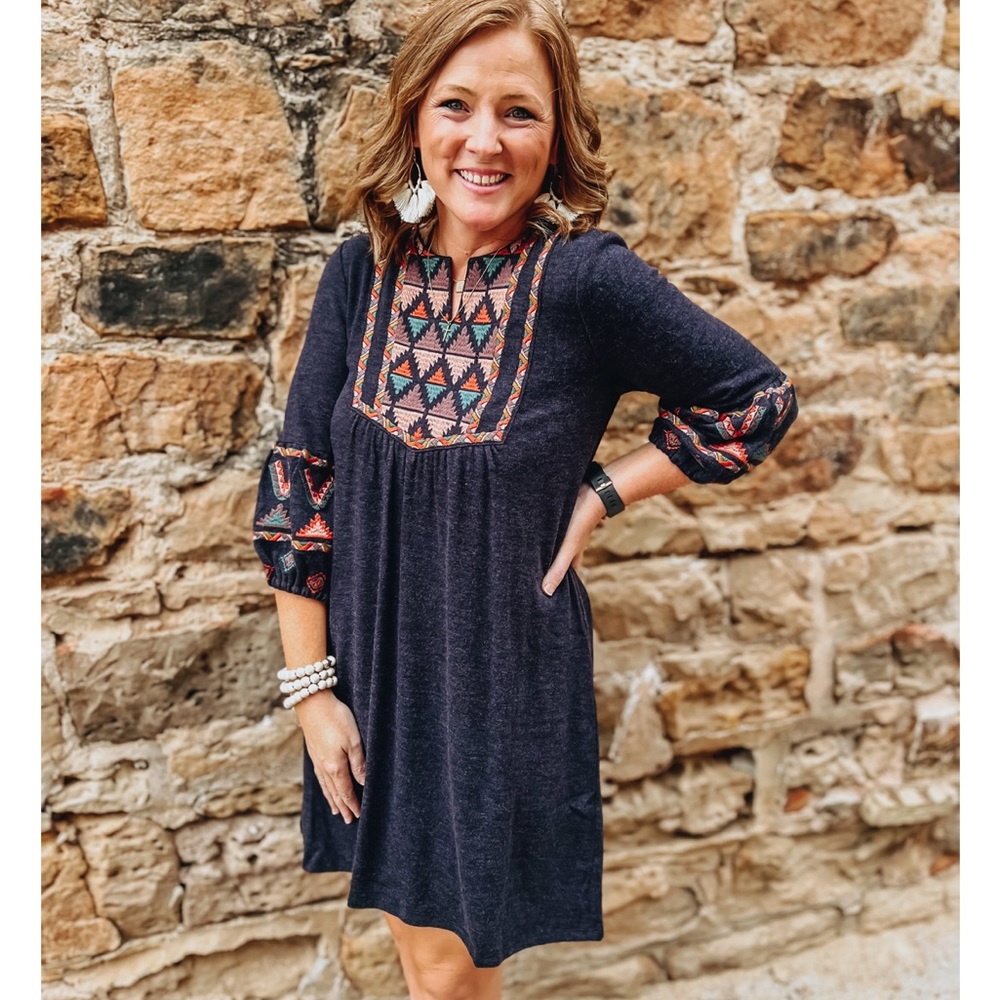 Anthro THML Mid Sleeve Embroidered Dress EUC like new